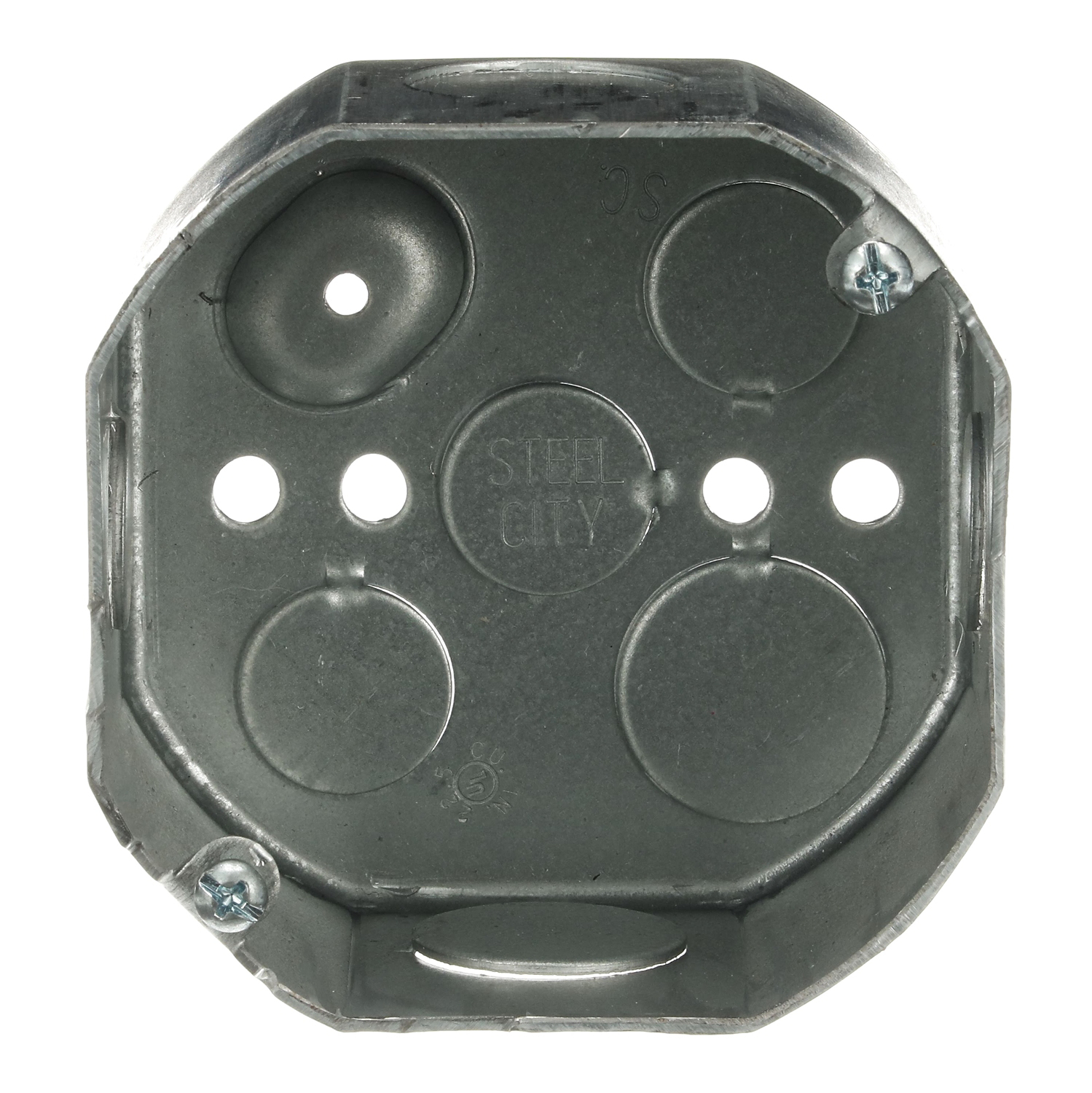 Octagon Box, 22.5 Cubic Inches, 4 Inch Diameter x 2-1/8 Inches Deep, 12/ Inch and 3/4 Inch Knockouts, Pre-Galvanized Steel, Drawn Construction, For use with Conduit